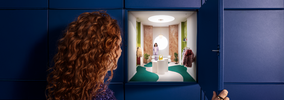 Woman opens a parcel locker, which reveals a view of the store and the online retailer's GLS pick-up points.