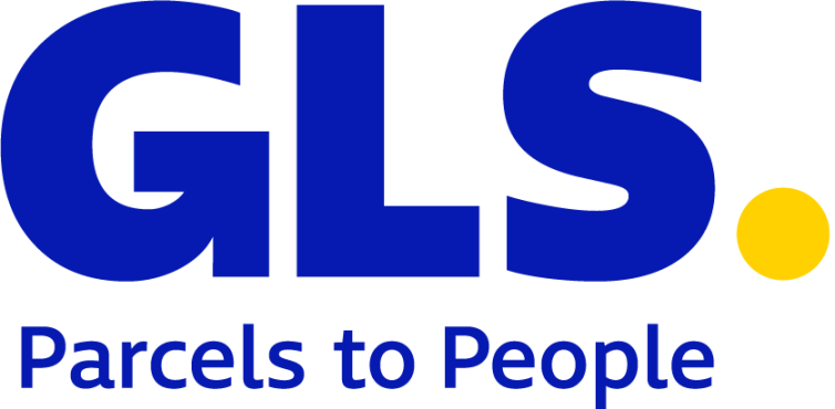 Logo de GLS avec le slogan « Parcels to People » en bleu et jaune.