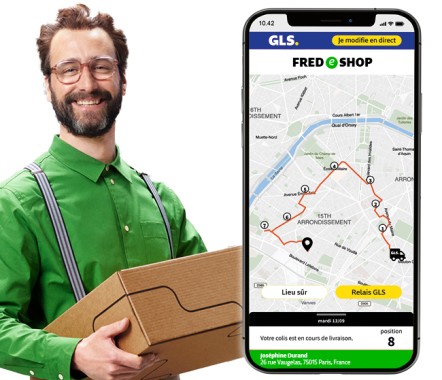 Application mobile GLS affichant le suivi d’une livraison sur une carte, à côté d'un homme tenant un colis GLS.