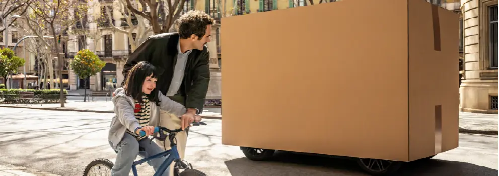 A dad looks at a big parcel while he was teaching his daughter how to ride a bike