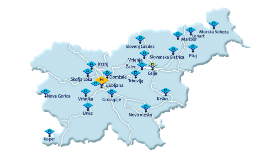 Map of network Depots and Hub of GLS Slovenia