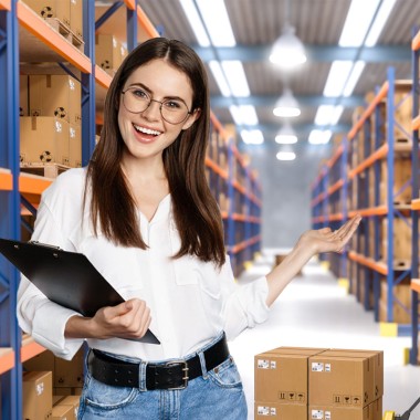 Ženska z nasmehom ponosno predstavlja GLS Fulfillment center