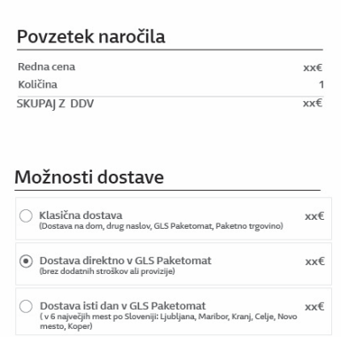 Primer nakupovalne košarice z izbiro GLS dostave
